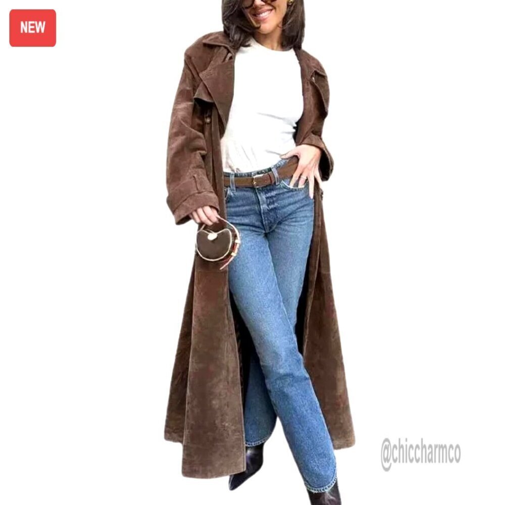 Faux Suede Trench Coat with Belt, Notched Lapel, Double Breasted, Maxi Length